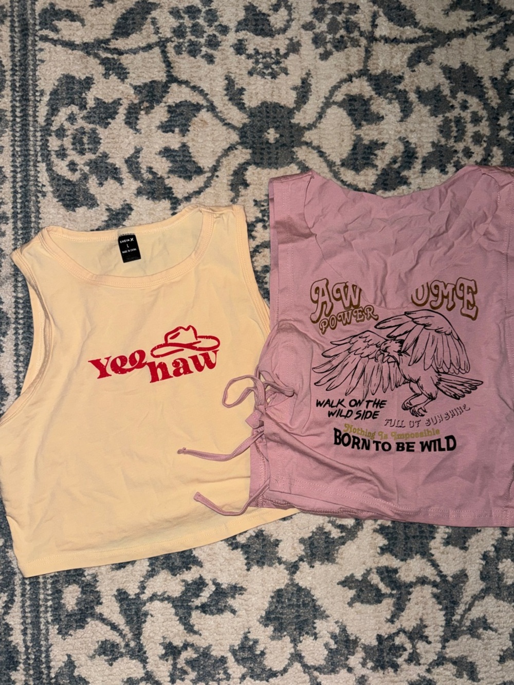 Brandy Melville Yellow Yee Haw Tank & Pink Born to Be Wild Tank Duo